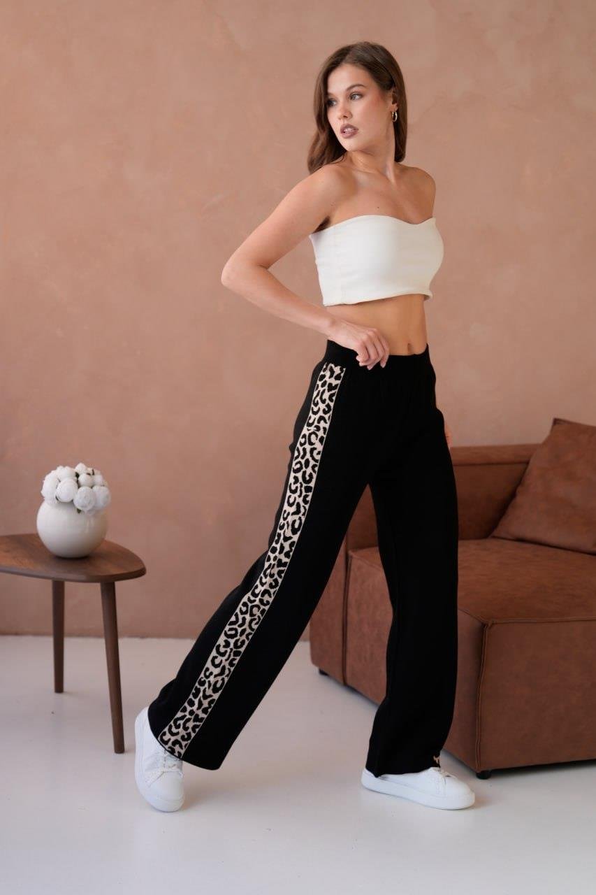 Kadın Leopar Şerit Detaylı Örme Pantolon - 12026R