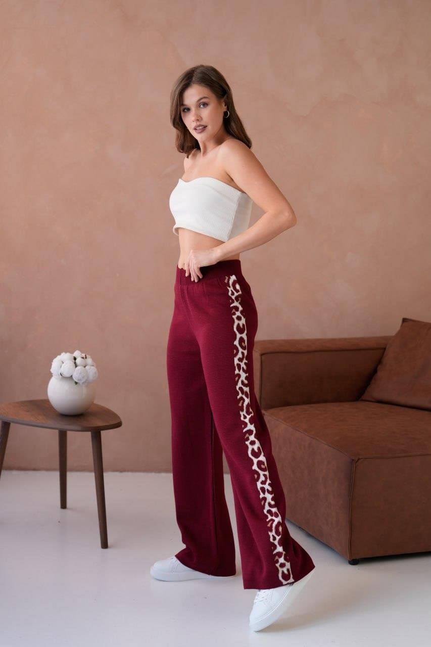 Kadın Leopar Şerit Detaylı Örme Pantolon - 12026R
