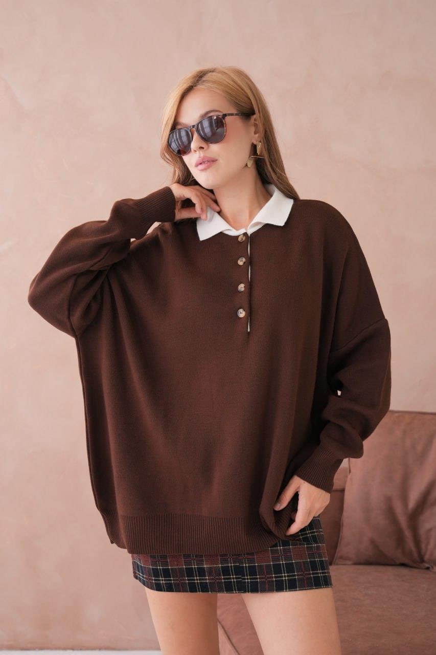 Kadın Polo Yaka Düğmeli Oversize Triko Kazak - 12268R