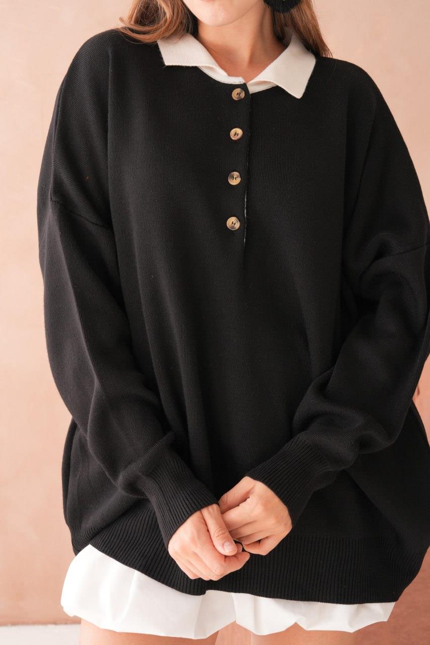 Kadın Polo Yaka Düğmeli Oversize Triko Kazak - 12268R
