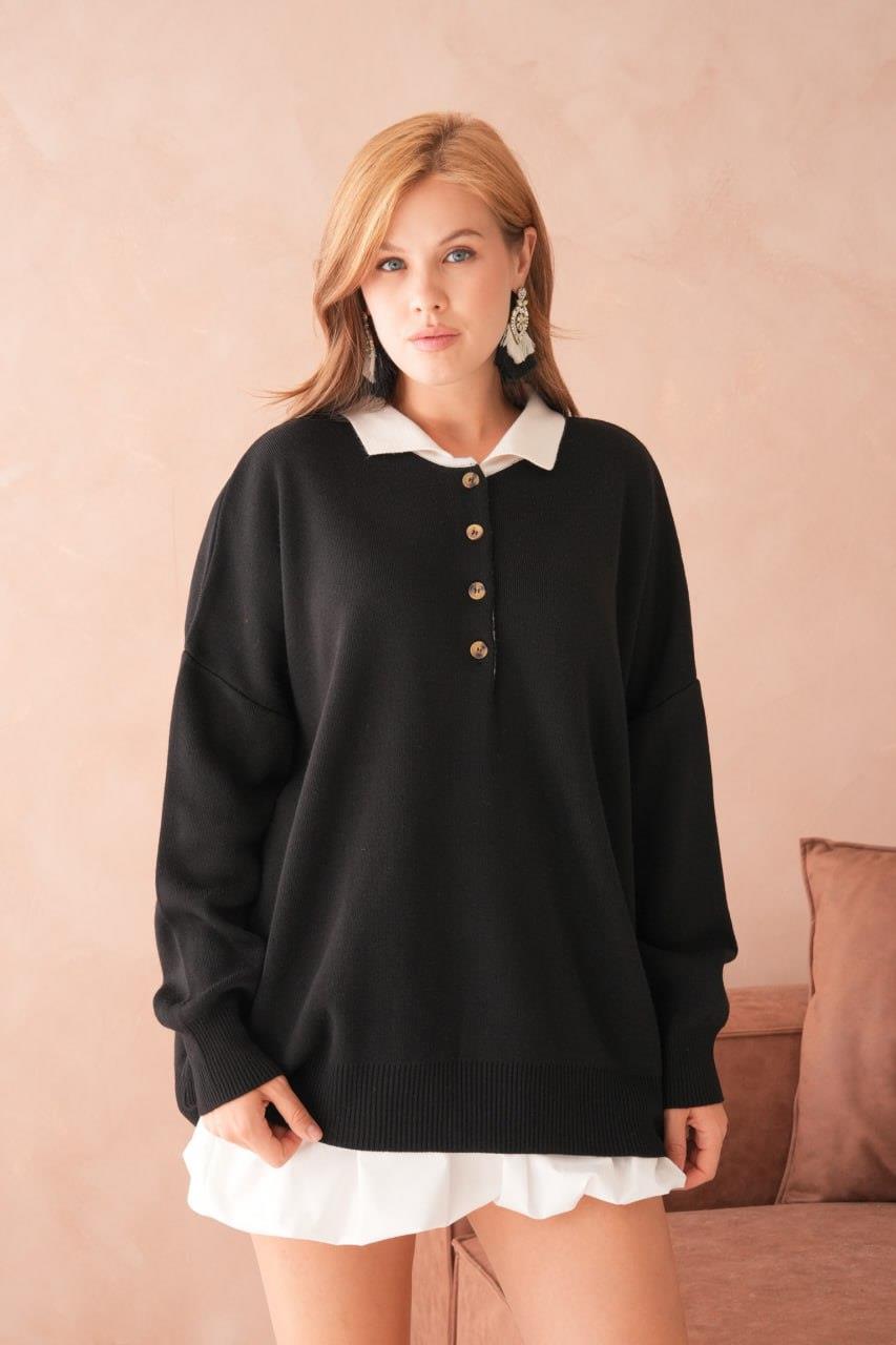 Kadın Polo Yaka Düğmeli Oversize Triko Kazak - 12268R