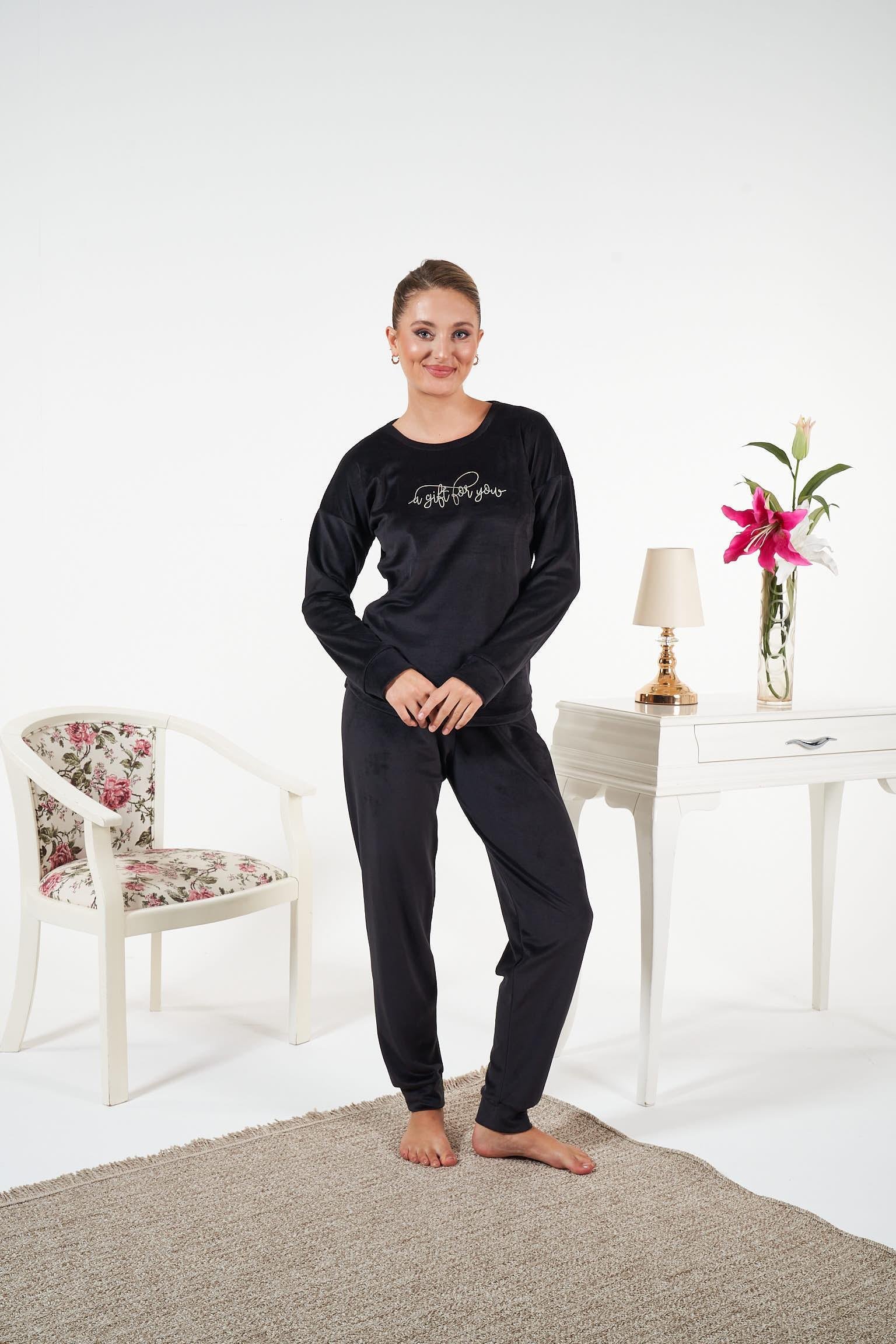Kadın Siyah Kadife Gömlek Pijama Takımı - 25382R