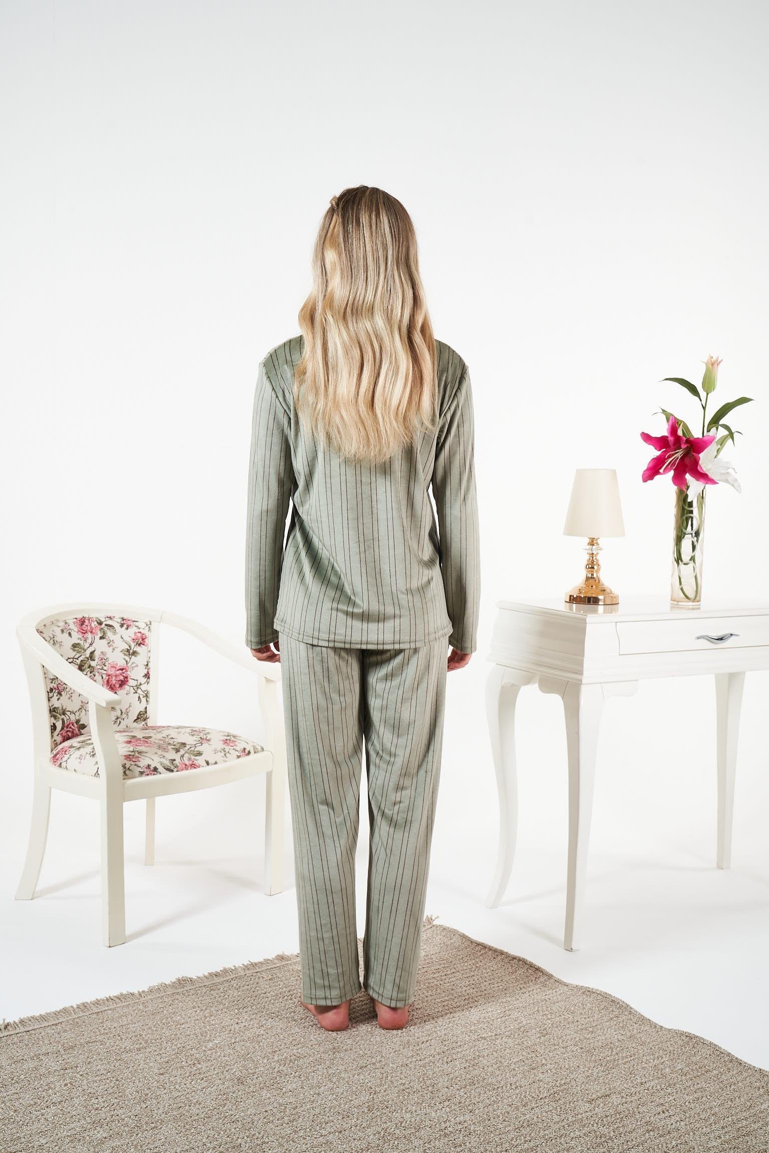 Kadın Yeşil Kadife Gömlek Pijama Takımı - 25364R
