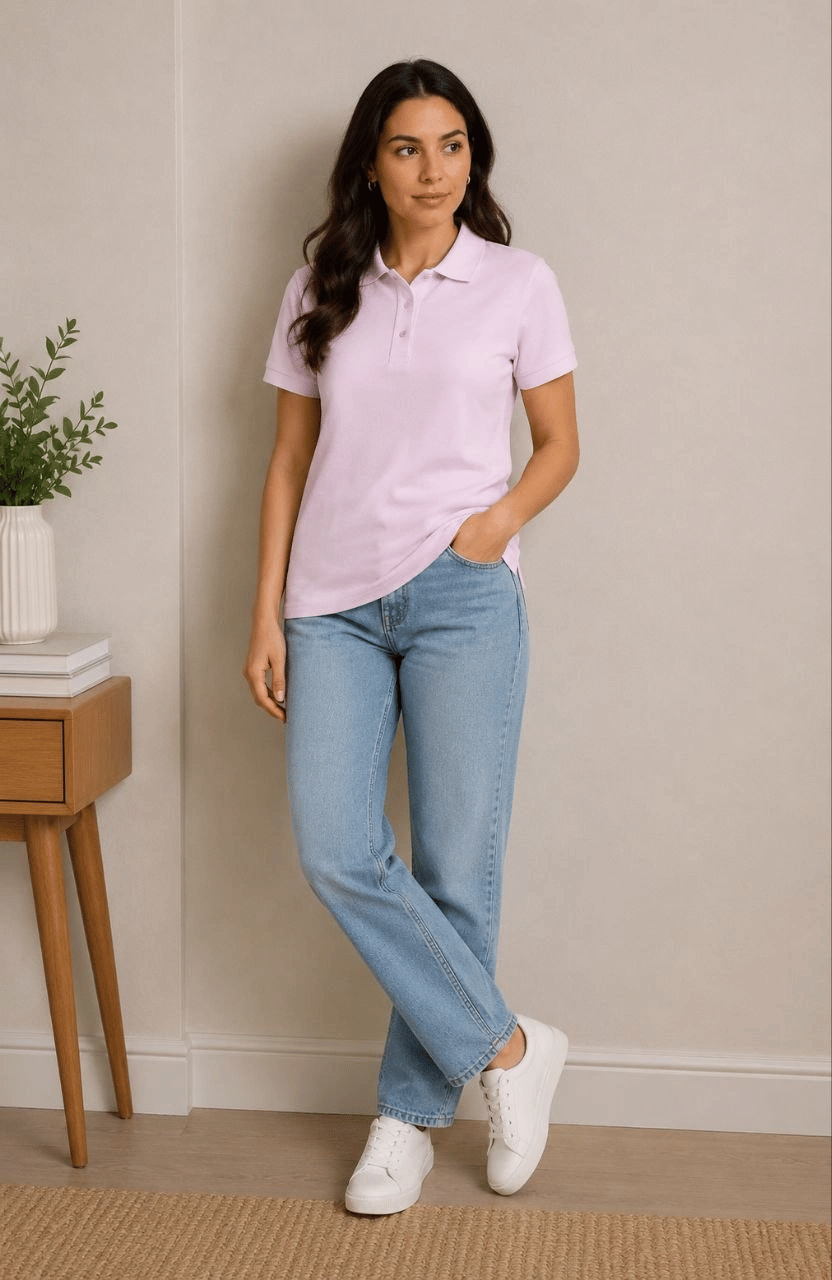 2'li Kadın Polo Yaka Pike Kumaş Düğmeli Basic Tişört Günlük Rahat Kesim - Beyaz, Pembe
