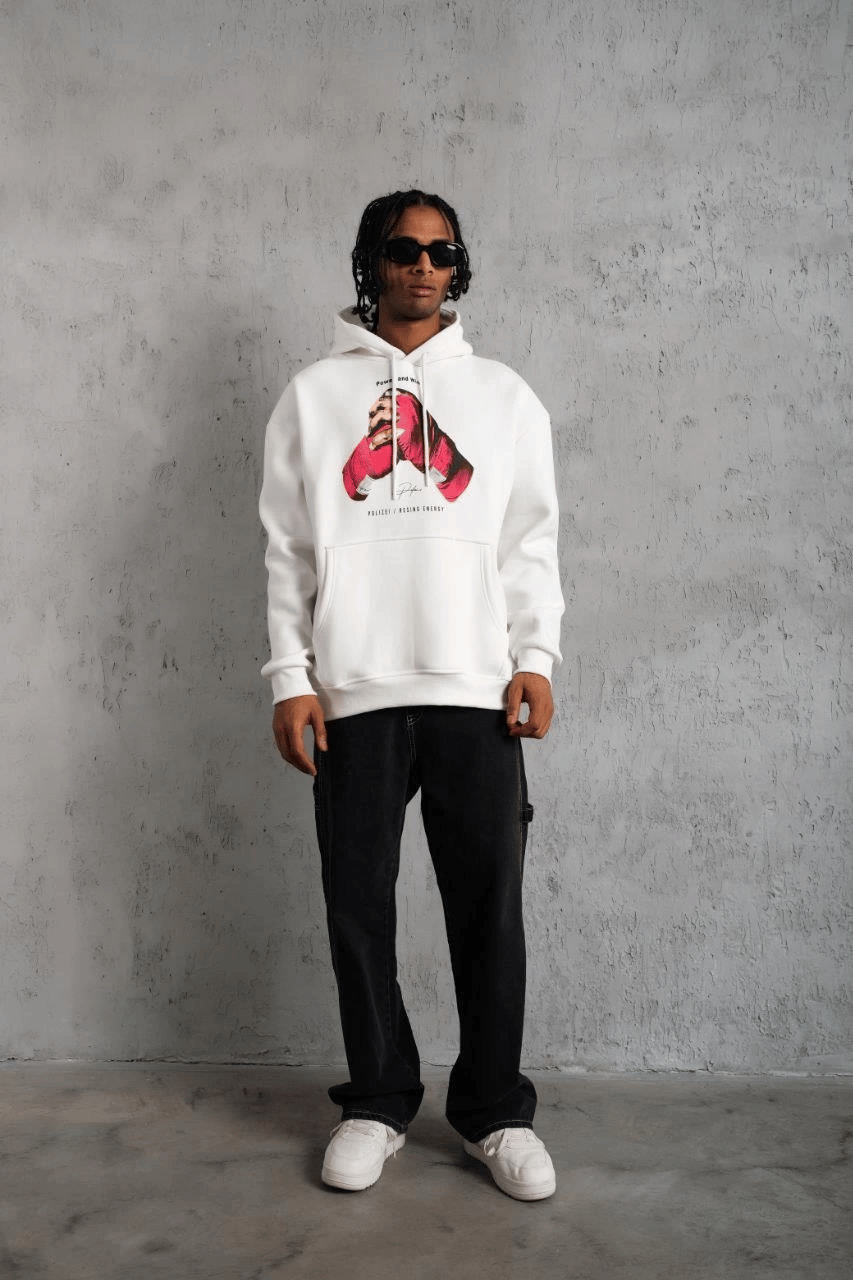 Erkek Kapüşonlu Cepli Boks Eldiven Baskılı 3 İplik Sweatshirt Hoodie - Beyaz