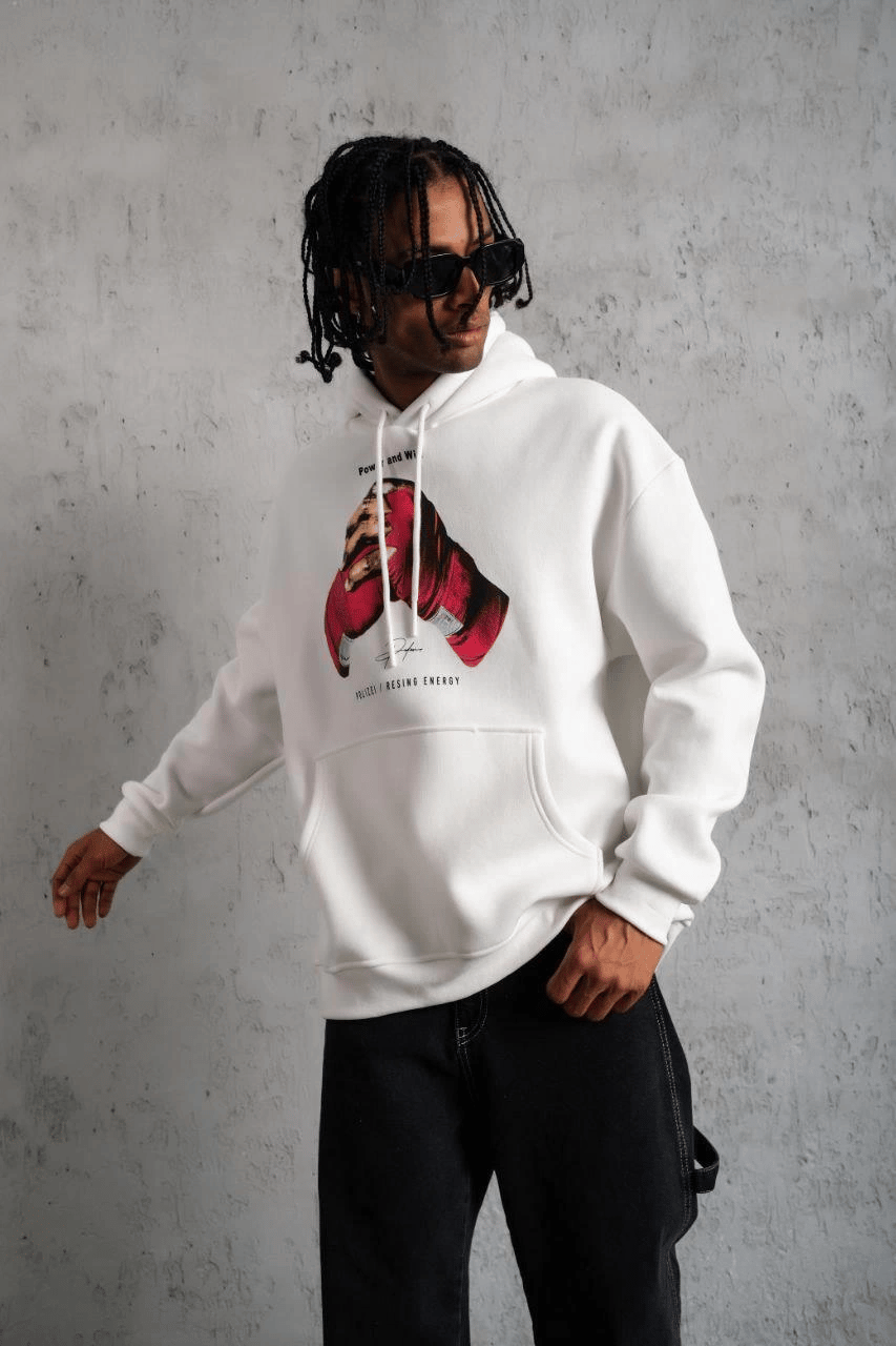 Erkek Kapüşonlu Cepli Boks Eldiven Baskılı 3 İplik Sweatshirt Hoodie - Beyaz