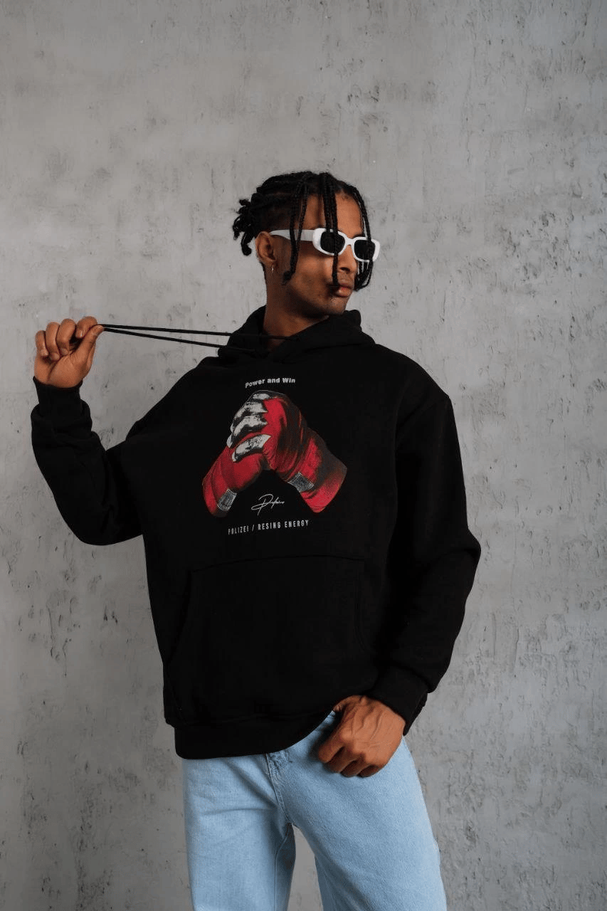 Erkek Kapüşonlu Cepli Box Eldiven Baskılı 3 İplik Sweatshirt Hoodie - Siyah