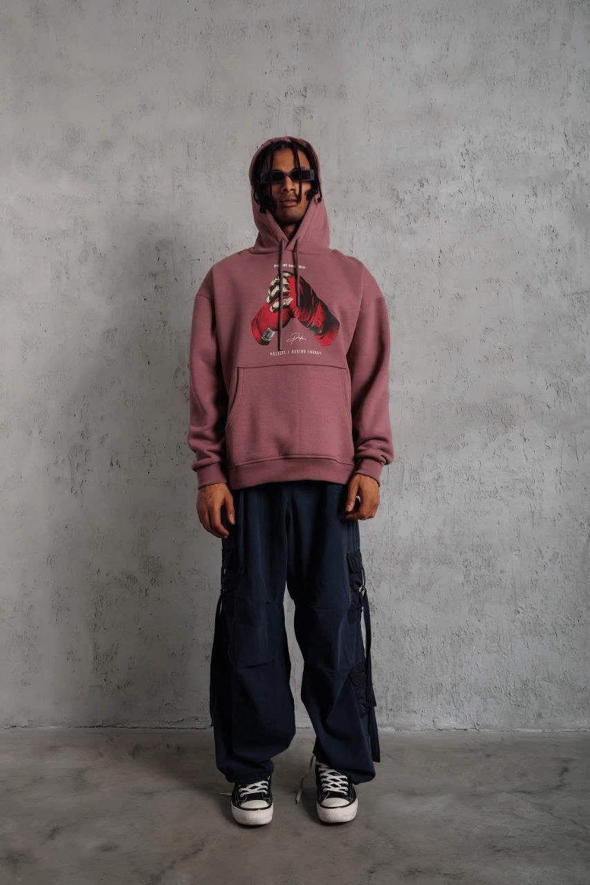 Erkek Kapüşonlu Cepli Box Eldiven Baskılı 3 İplik Sweatshirt Hoodie - Gül Kurusu