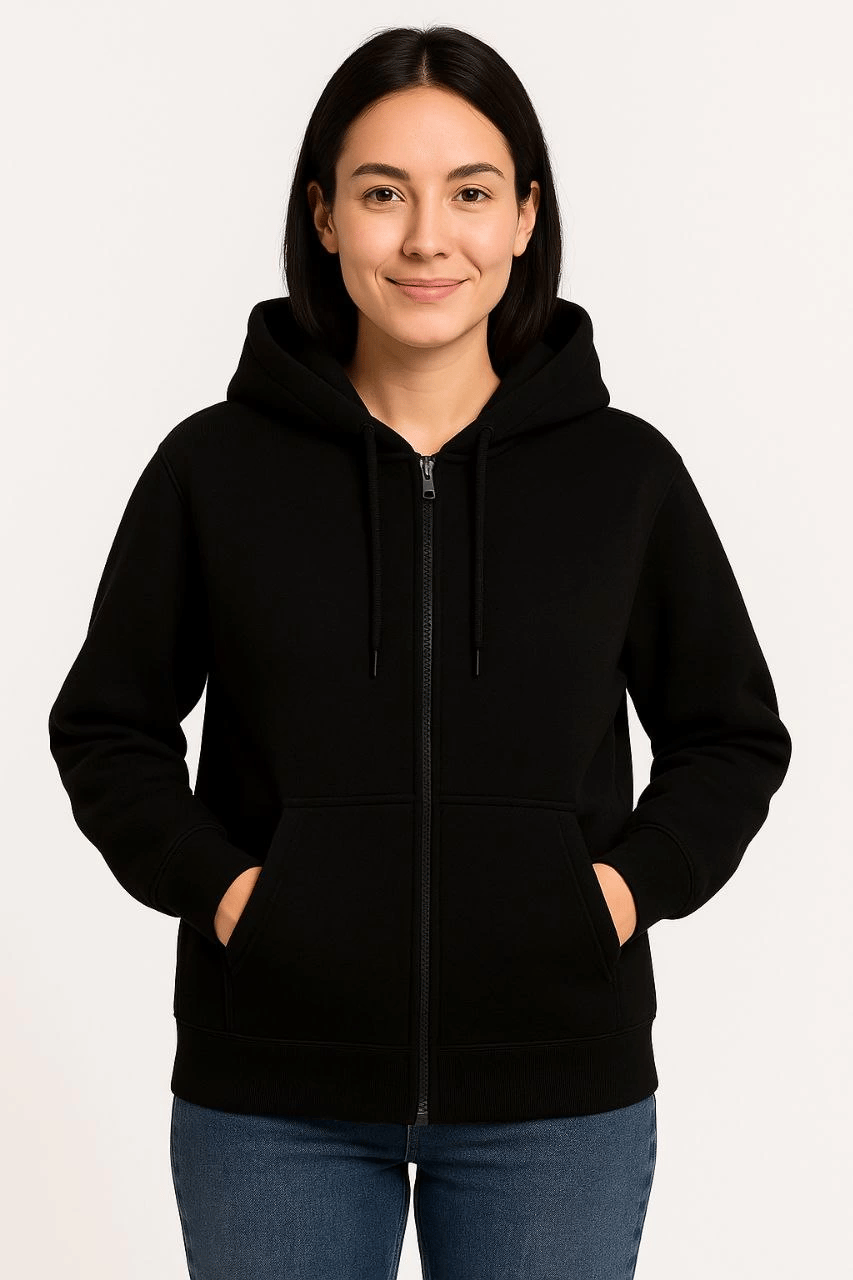 Kadın 3 İplik Kapüşonlu Tam Fermuarlı Kanguru Cepli Sweatshirt Hoodie - Siyah