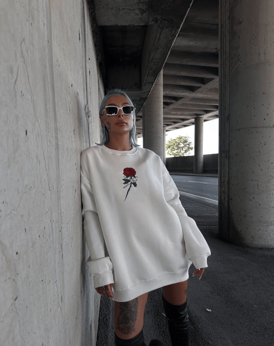 Kadın 3 iplik Pamuklu Bisiklet Yaka GÜL Baskılı SweatShirt - BeyazBeyaz