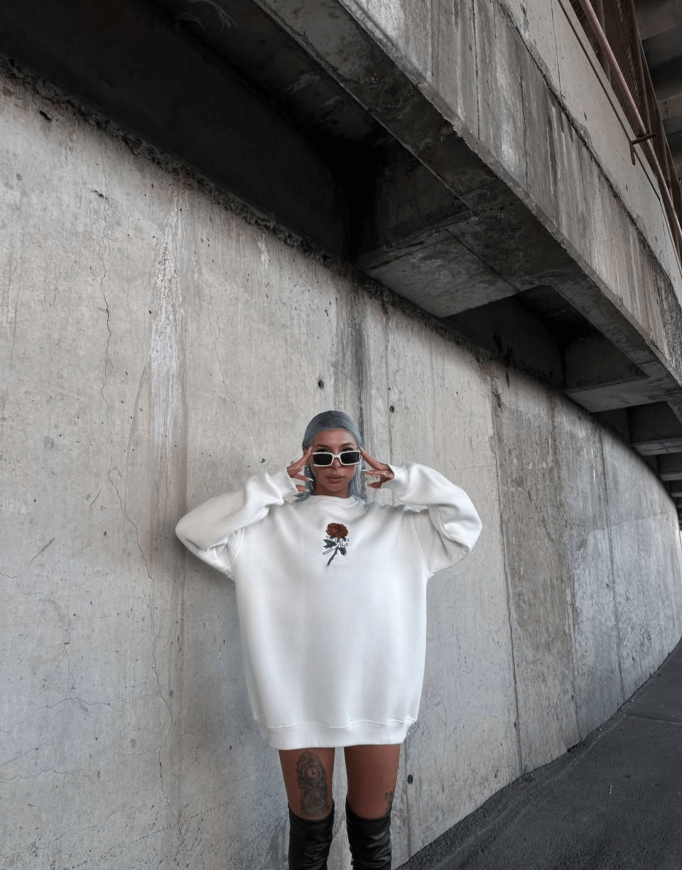 Kadın 3 iplik Pamuklu Bisiklet Yaka GÜL Baskılı SweatShirt - BeyazBeyaz