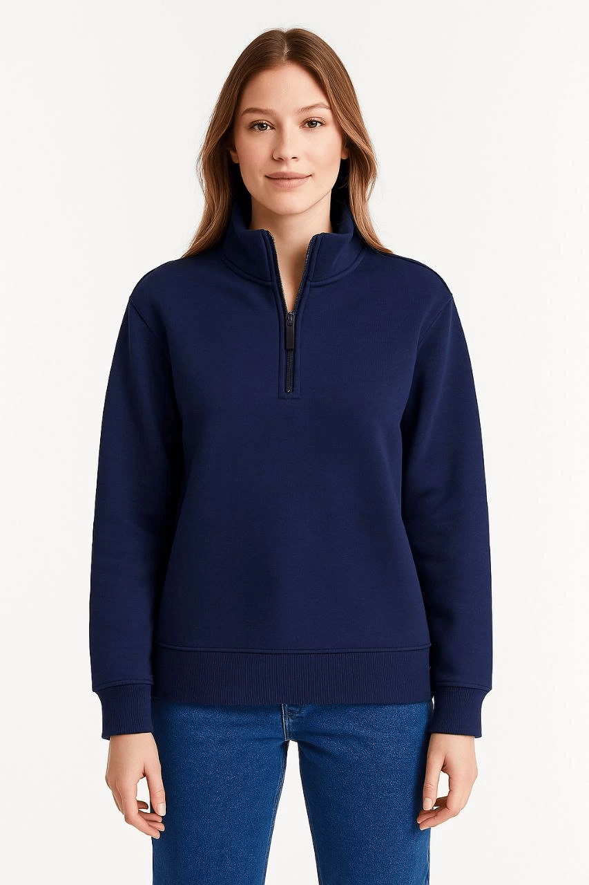 Kadın 3 İplik Pamuklu Dık Yaka Yarım Fermuarlı SweatShirt - Lacivert