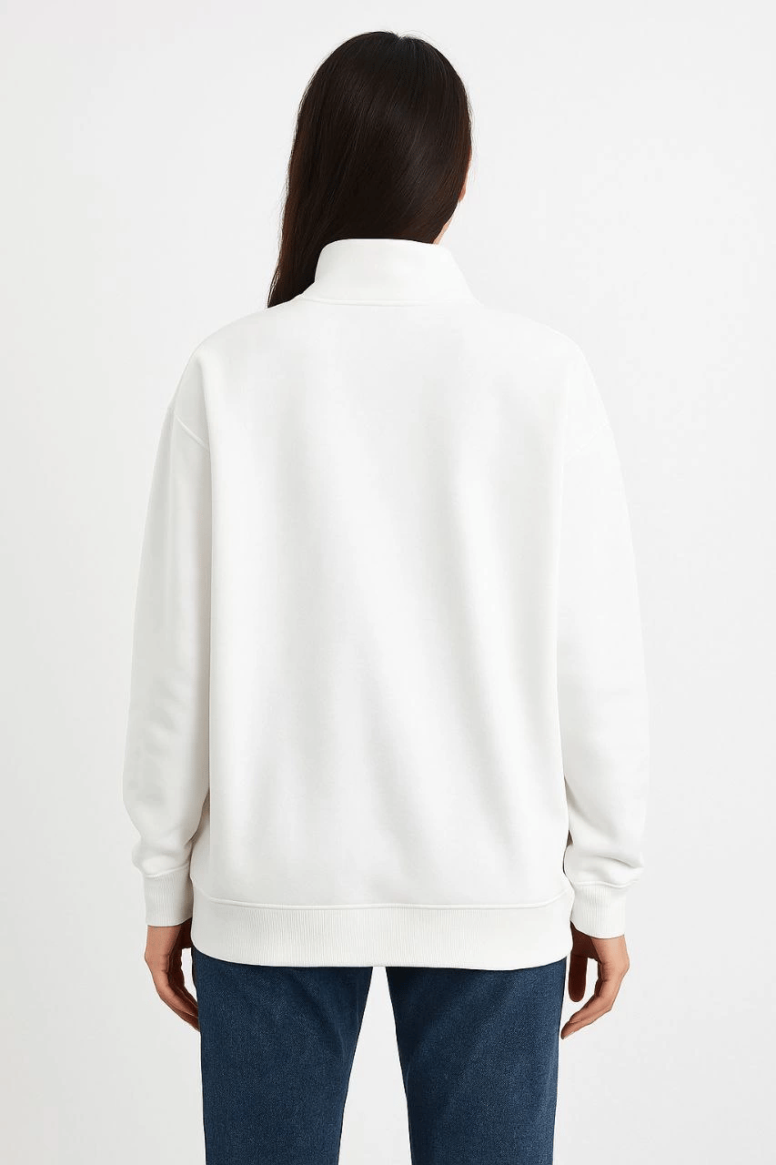 Kadın 3 İplik Pamuklu Dık Yaka Yarım Fermuarlı SweatShirt - Beyaz