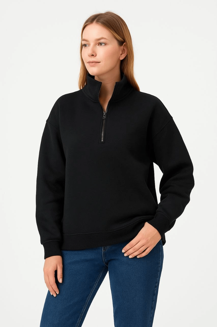 Kadın 3 İplik Pamuklu Dık Yaka Yarım Fermuarlı SweatShirt - Siyah