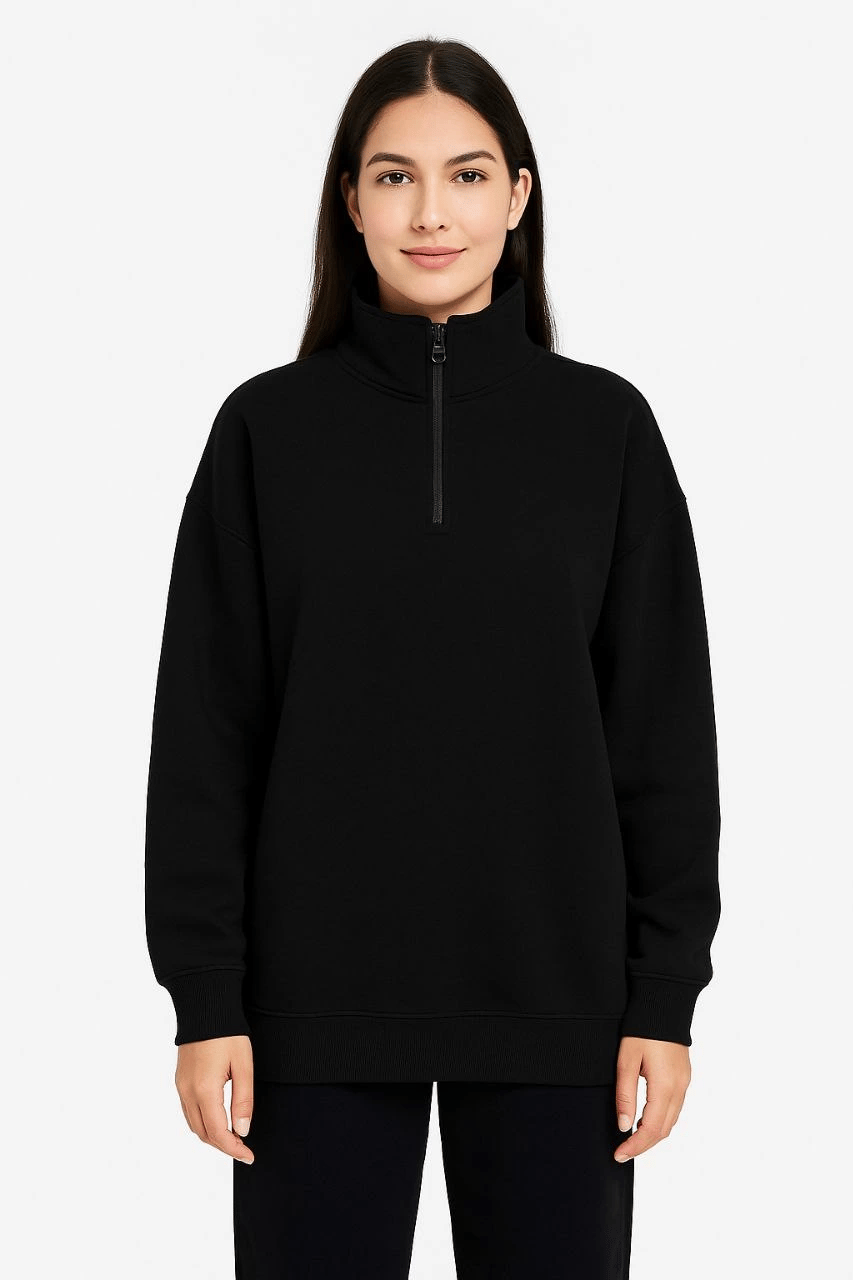 Kadın 3 İplik Pamuklu Dık Yaka Yarım Fermuarlı SweatShirt - Siyah