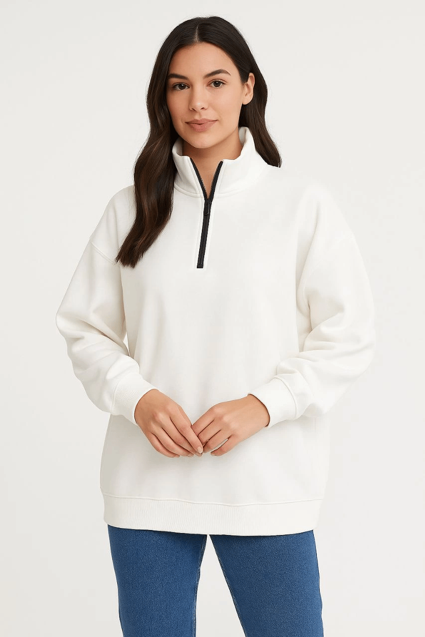 Kadın 3 İplik Pamuklu Dık Yaka Yarım Fermuarlı SweatShirt - Beyaz