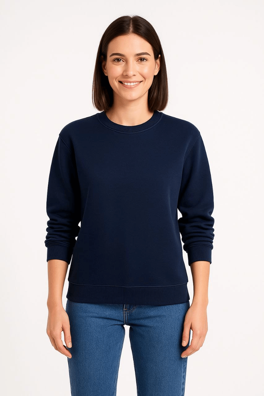 Kadın 3 İplik Pamuklu Düz Bisiklet Yaka SweatShirt - Lacivert