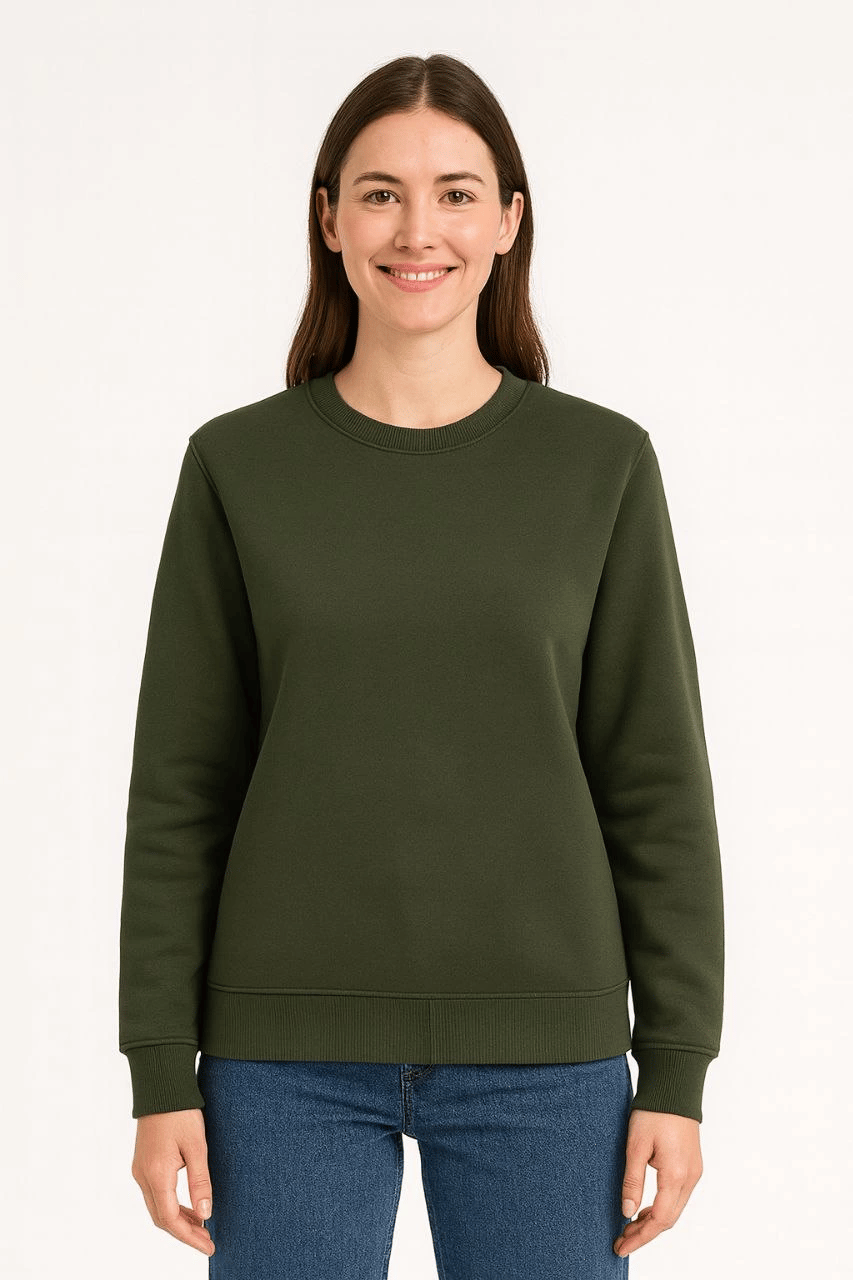 Kadın 3 İplik Pamuklu Düz Bisiklet Yaka SweatShirt - Haki