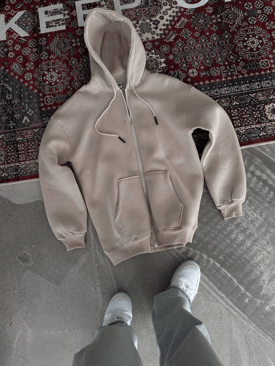 Kadın 3 İplik Pamuklu Kapüşonlu Kanguru Cepli Baskılı Oversize Hoodie Sweatshirt - Bej