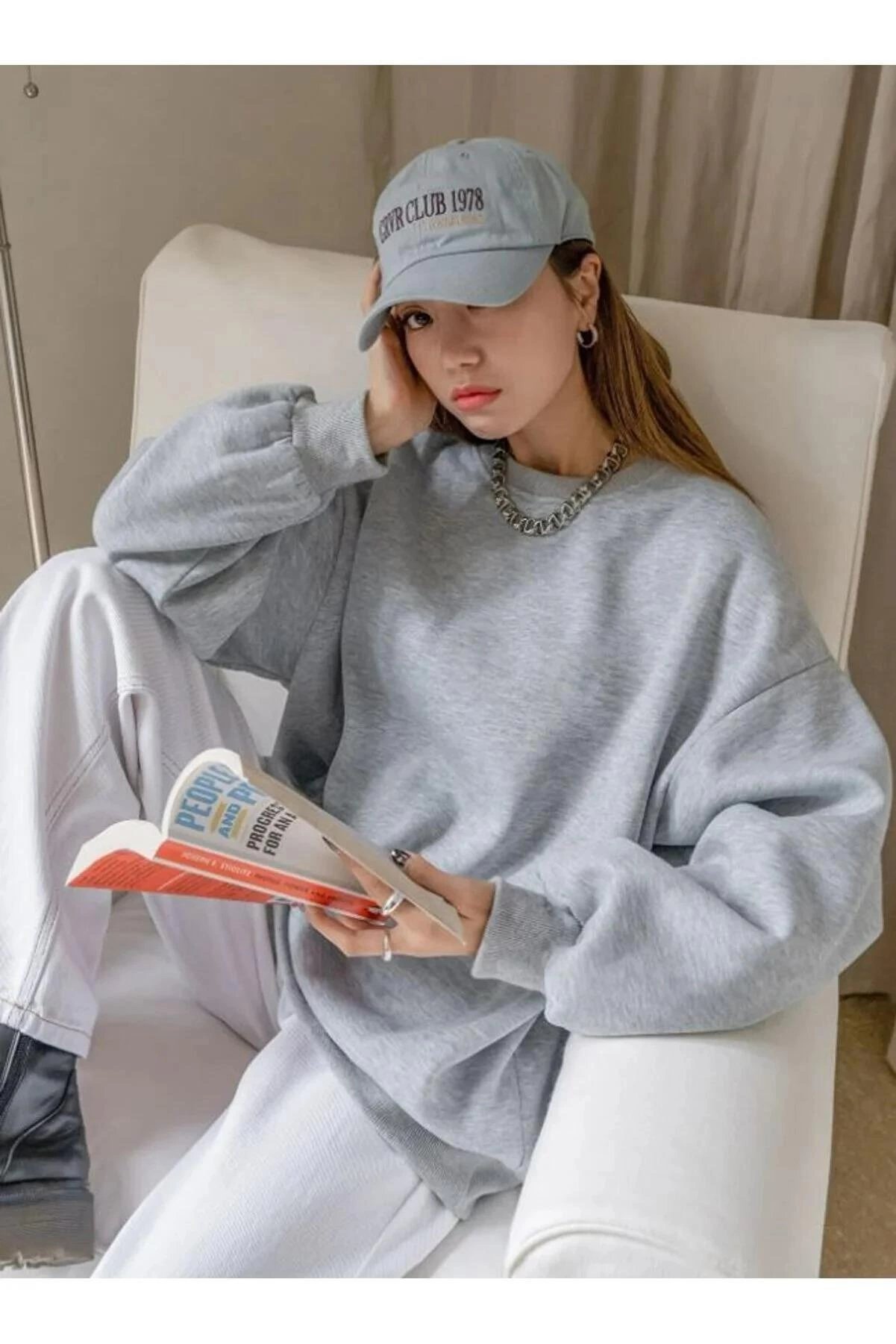 Kadın 3 İplik Pamuklu Oversize Yarım Fermuarlı Yakalı Basic Sweatshirt - Gri