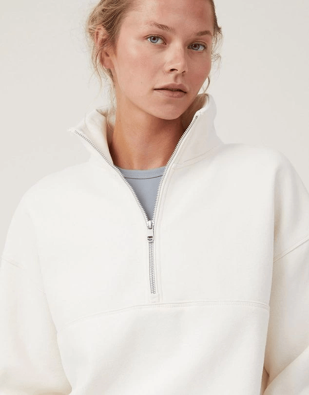 Kadın 3 İplik Pamuklu Oversize Yarım Fermuarlı Yakalı Basic Sweatshirt - Beyaz