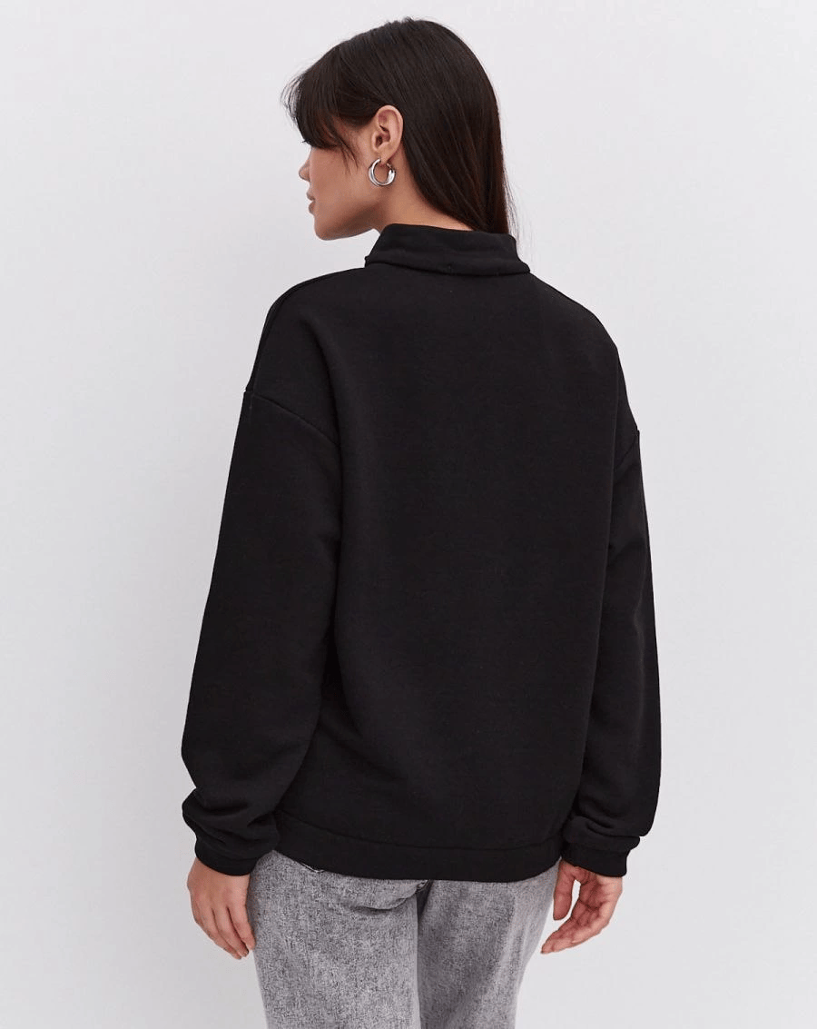Kadın 3 İplik Pamuklu Oversize Yarım Fermuarlı Yakalı Basic Sweatshirt - Siyah