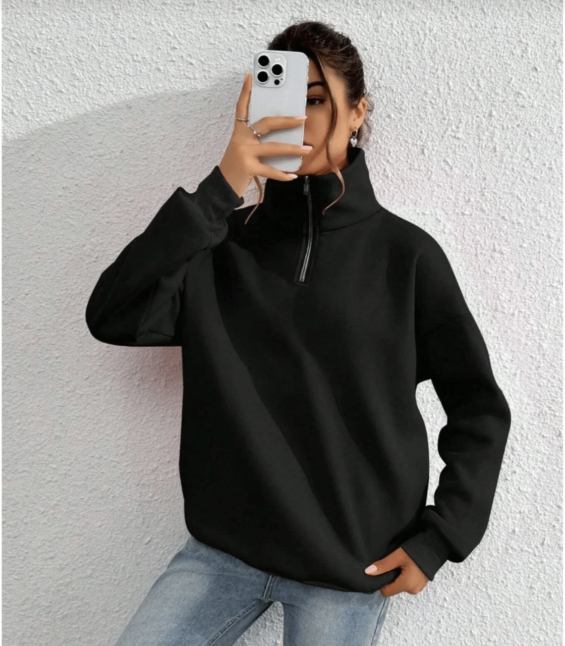 Kadın 3 iplik Pamuklu Uzun Kol Yarım Farmuarlı Yakalı SweatShirt - Siyah