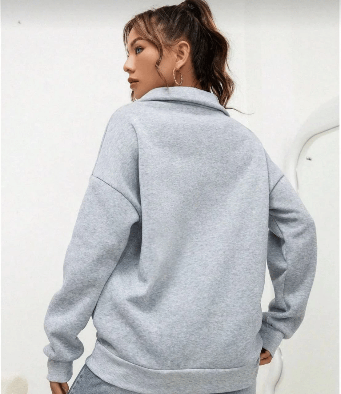Kadın 3 iplik Pamuklu Uzun Kol Yarım Farmuarlı Yakalı  SweatShirt - Gri