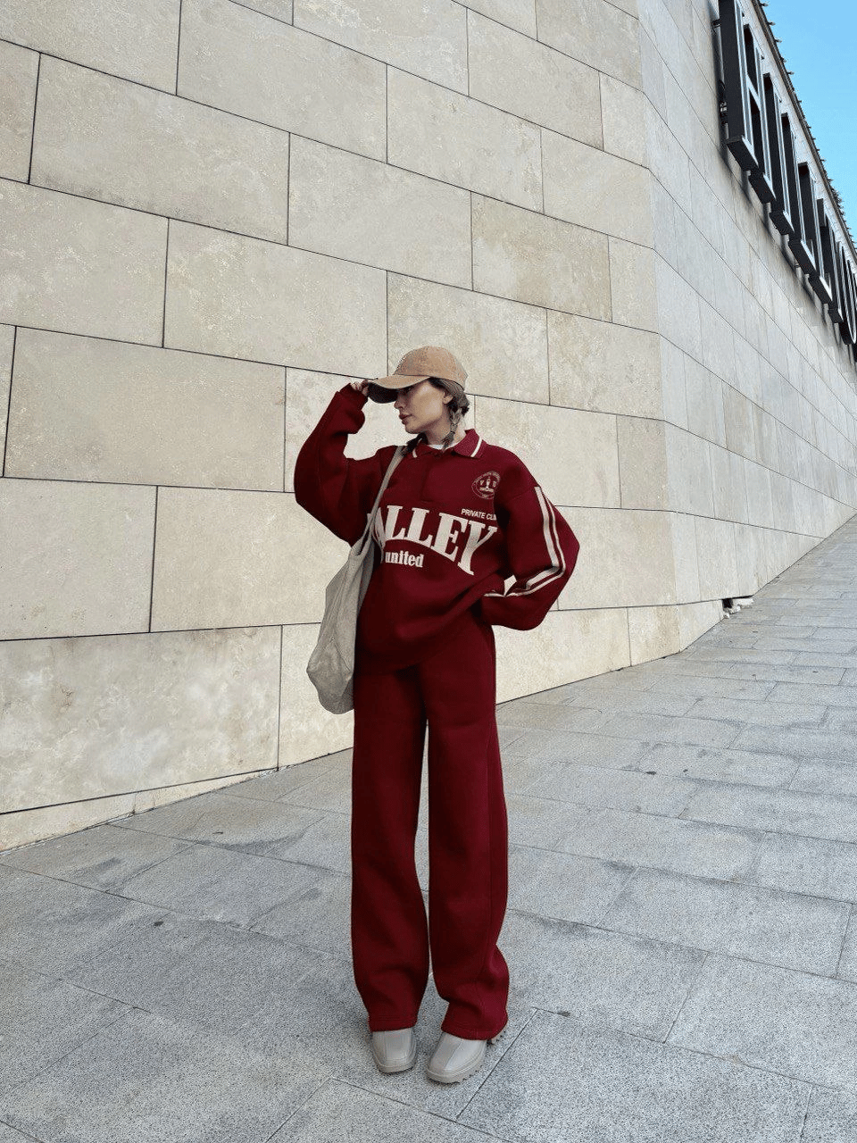 Kadın 3 İplik Pamuklu Yakalı Sweat Baggy Pantolonlu Takım - Bordo
