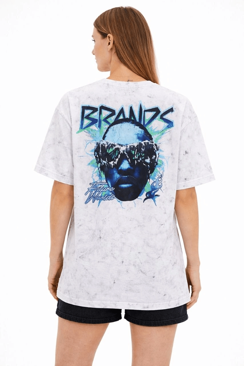 Kadın Asit Yıkamalı Oversize Tişört Bisiklet Yaka Kısa Kol T-shirt - Beyaz