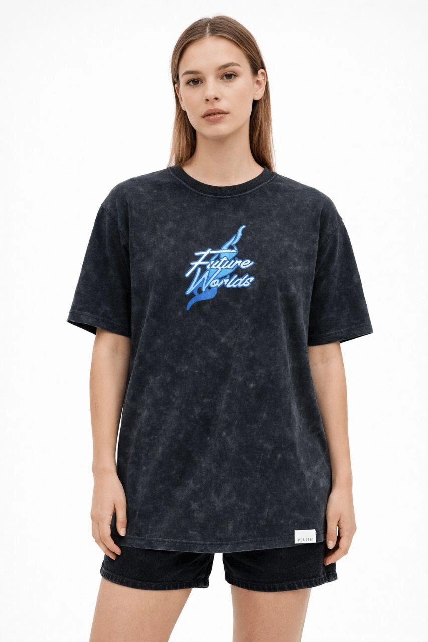 Kadın Asit Yıkamalı Oversize Tişört Bisiklet Yaka Kısa Kol T-shirt - Siyah