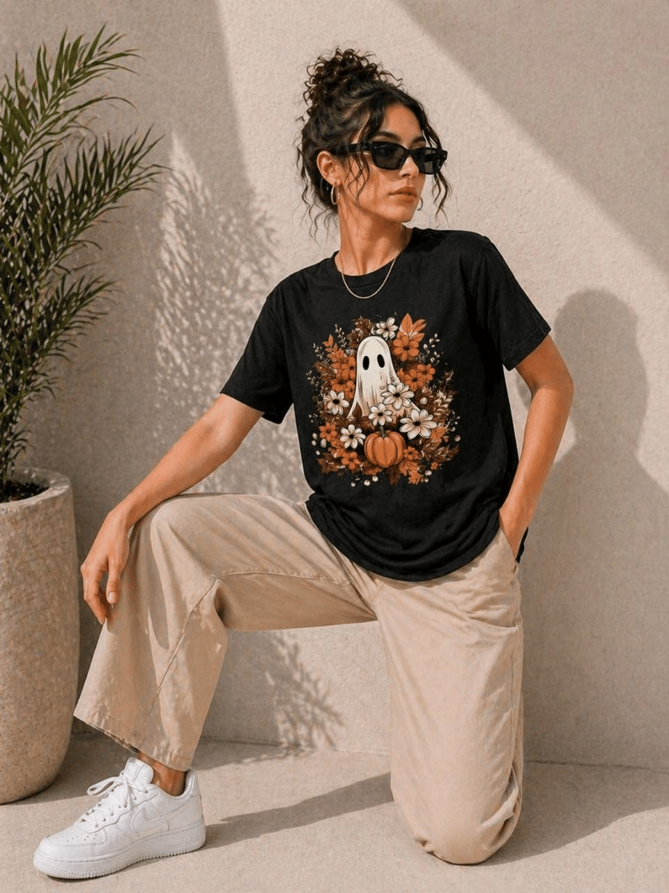 Kadın Balkabağı Hayalet Baskılı Tişört Kısa Kol Yazlık T-Shirt - Siyah
