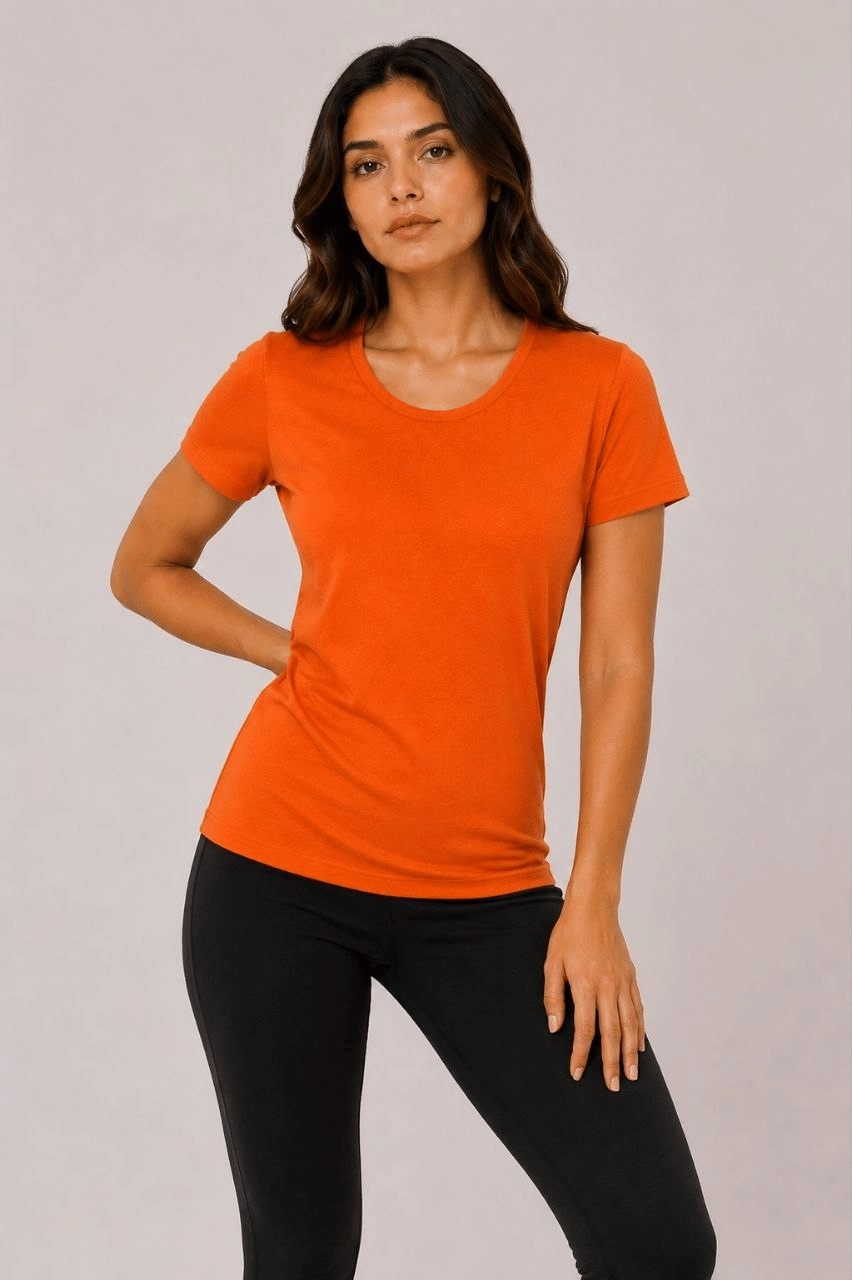 Kadın Basic Bisiklet Yaka Yazlık Slim fit T-Shirt - Mor  & Turuncu