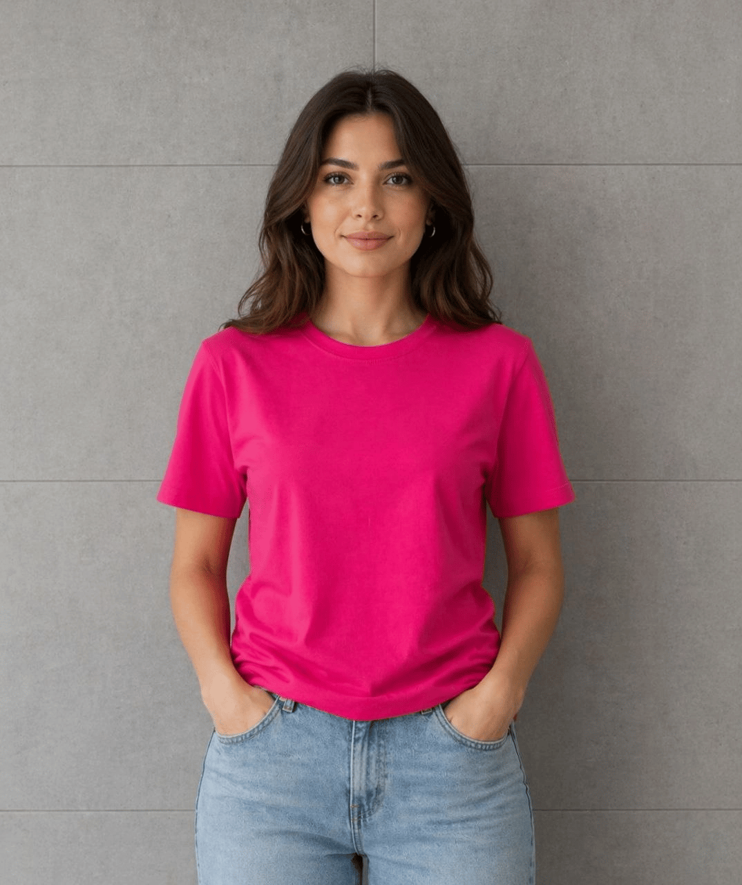 Kadın Basic Pamuklu Tişört Bisiklet Yaka Düz Renk Relaxed Fit T-Shirt - Fuşya