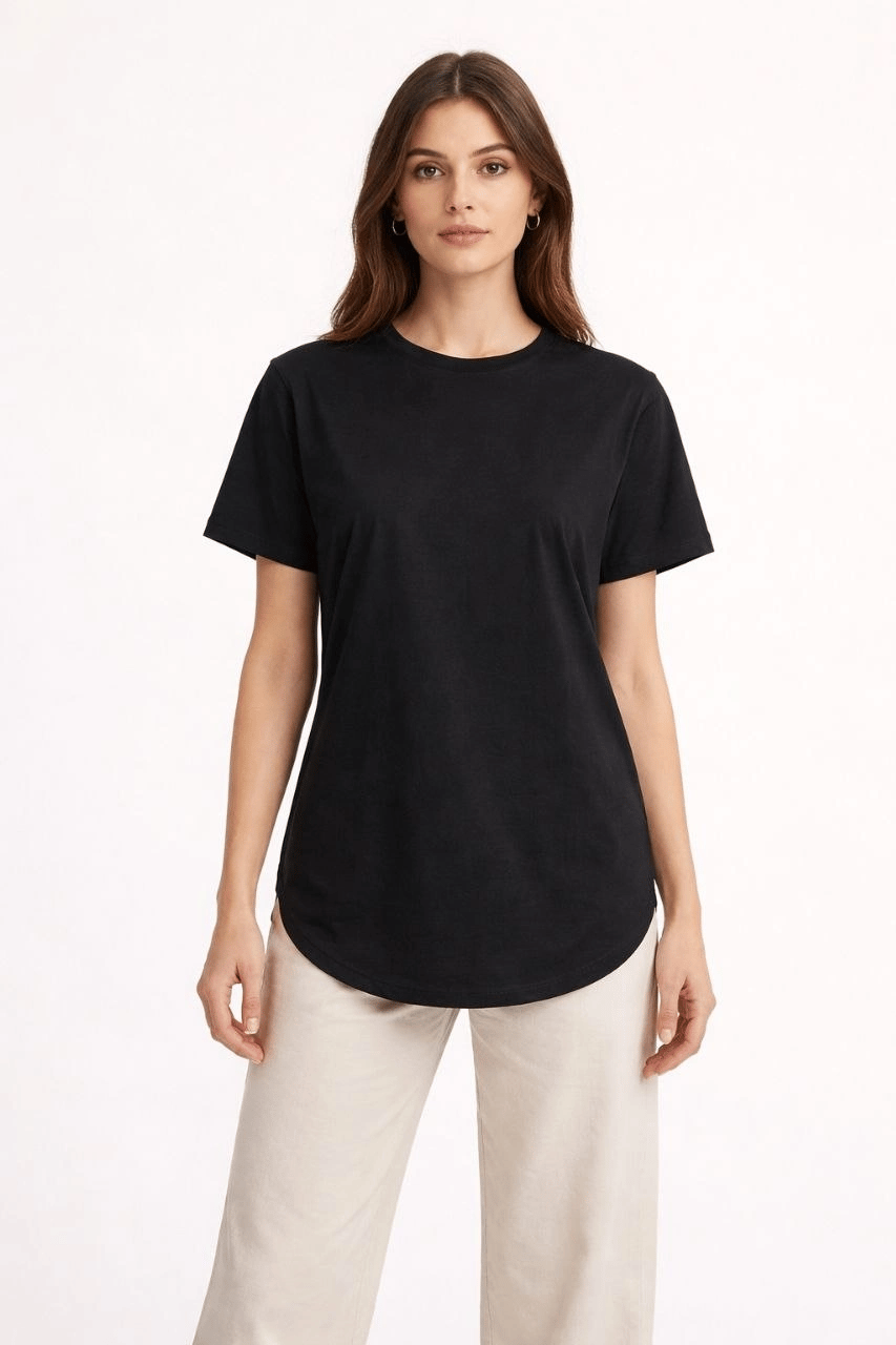 Kadın Basic T-Shirt Kısa Kol Bisiklet Yaka Oval Kesim Tişört - Siyah