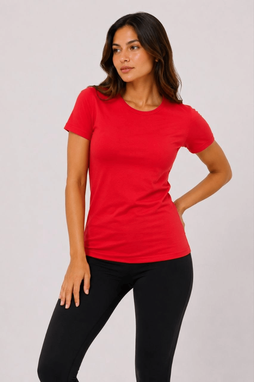 Kadın Basic Tişört Bisiklet Yaka Kısa Kol Günlük Yazlık Slim fit T-Shirt - Kırmızı