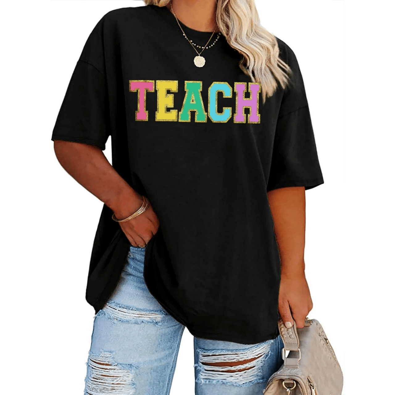 Kadın Baskılı T-Shirt Kısa Kol Bisiklet Yaka Oversize Rahat Kalıp Tişört - Siyah