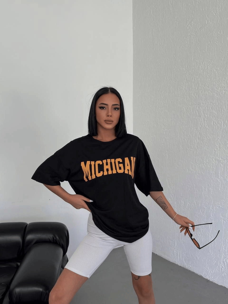 Kadın Baskılı T-Shirt Kısa Kol Bisiklet Yaka Oversize Tişört - Siyah