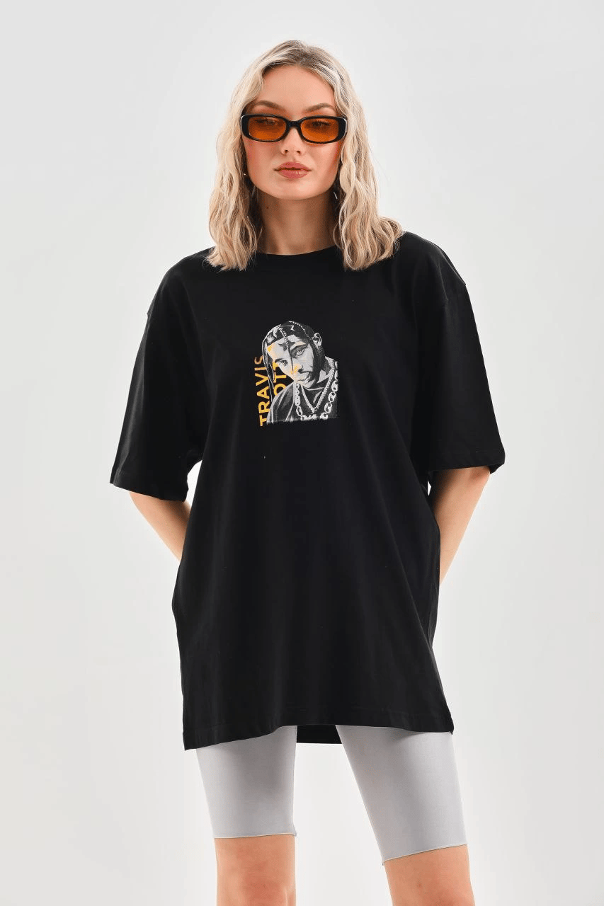 Kadın Baskılı T-Shirt Kısa Kol Bisiklet Yaka Oversize Rahat Kalıp Günlük Tişört - Siyah