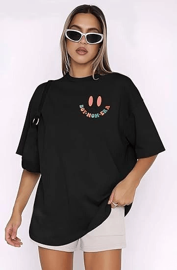 Kadın Baskılı T-Shirt Kısa Kol Bisiklet Yaka Oversize Rahat Kalıp Tişört - Siyah