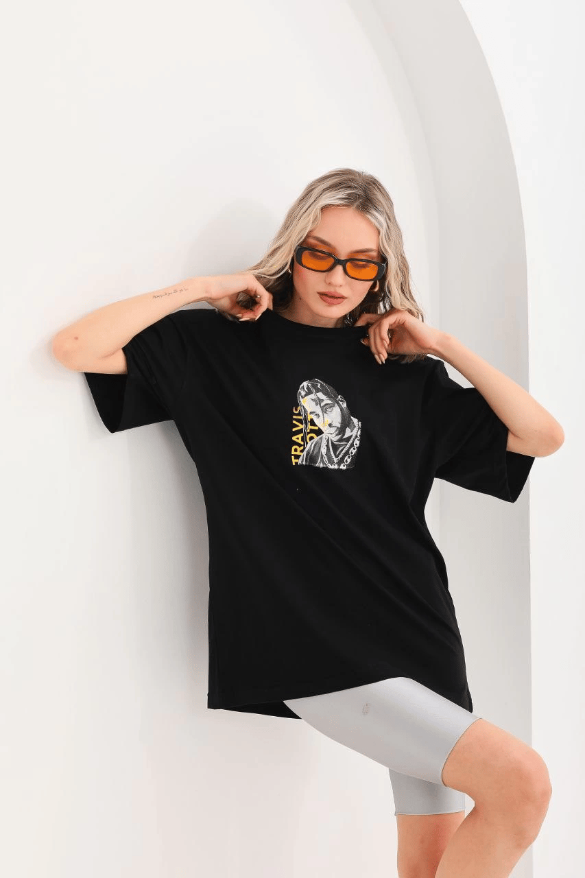 Kadın Baskılı T-Shirt Kısa Kol Bisiklet Yaka Oversize Rahat Kalıp Günlük Tişört - Siyah
