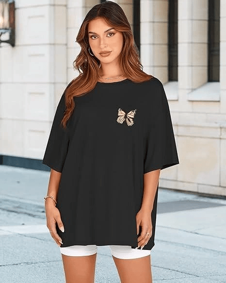 Kadın Baskılı T-Shirt Kısa Kol Bisiklet Yaka Oversize Rahat Kalıp Tişört - Siyah