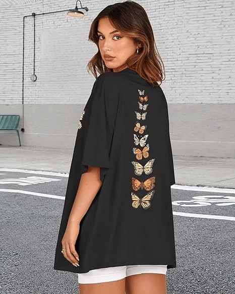 Kadın Baskılı T-Shirt Kısa Kol Bisiklet Yaka Oversize Rahat Kalıp Tişört - Siyah