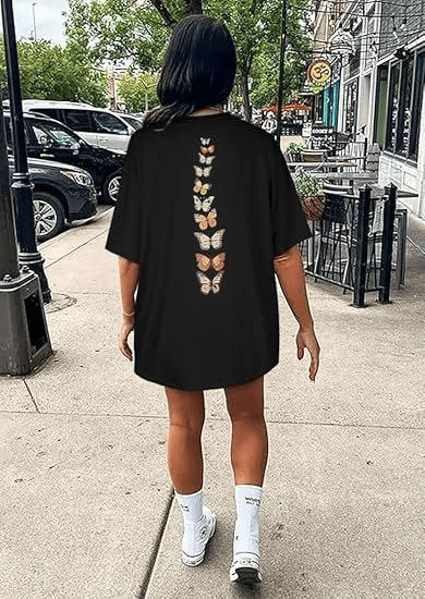 Kadın Baskılı T-Shirt Kısa Kol Bisiklet Yaka Oversize Rahat Kalıp Tişört - Siyah