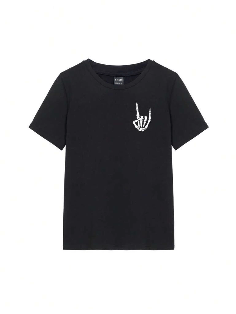 Kadın Baskılı T-Shirt Kısa Kol Bisiklet Yaka Oversize Rahat Kalıp Tişört - Siyah