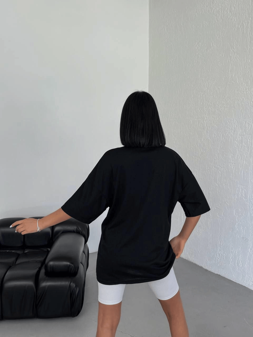 Kadın Baskılı T-Shirt Kısa Kol Bisiklet Yaka Oversize Rahat Kalıp Günlük Tişört - Siyah