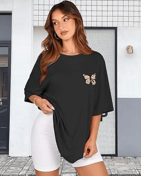Kadın Baskılı T-Shirt Kısa Kol Bisiklet Yaka Oversize Rahat Kalıp Tişört - Siyah