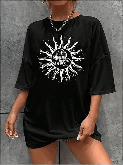Kadın Baskılı T-Shirt Kısa Kol Bisiklet Yaka Regular Fit Rahat Kalıp Tişört - Siyah