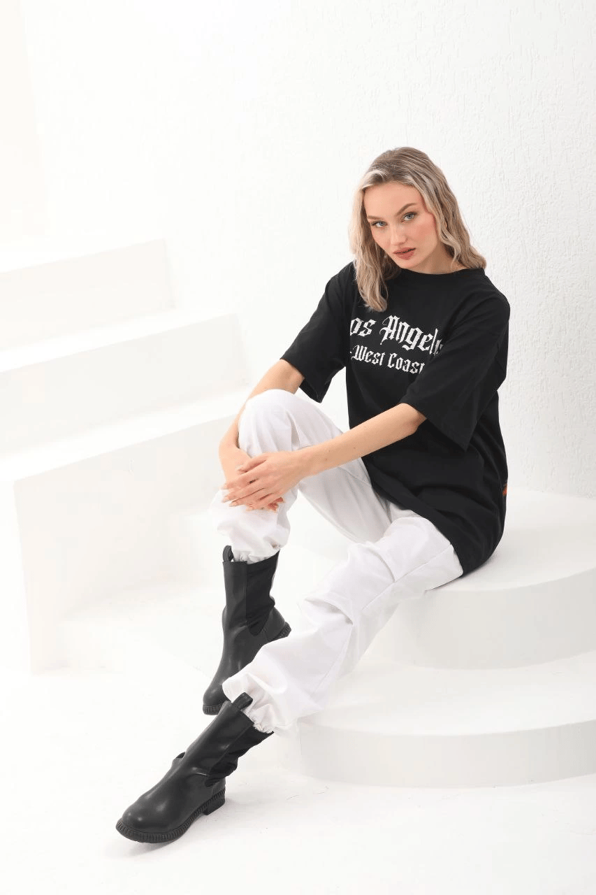 Kadın Baskılı Tişört Kısa Kol Bisiklet Yaka Oversize T-Shirt - Siyah
