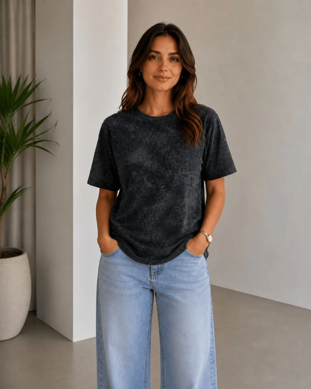 Kadın Batik Desenli Tişört Bisiklet Yaka Kısa Kol Regular Fit T-shirt - Siyah